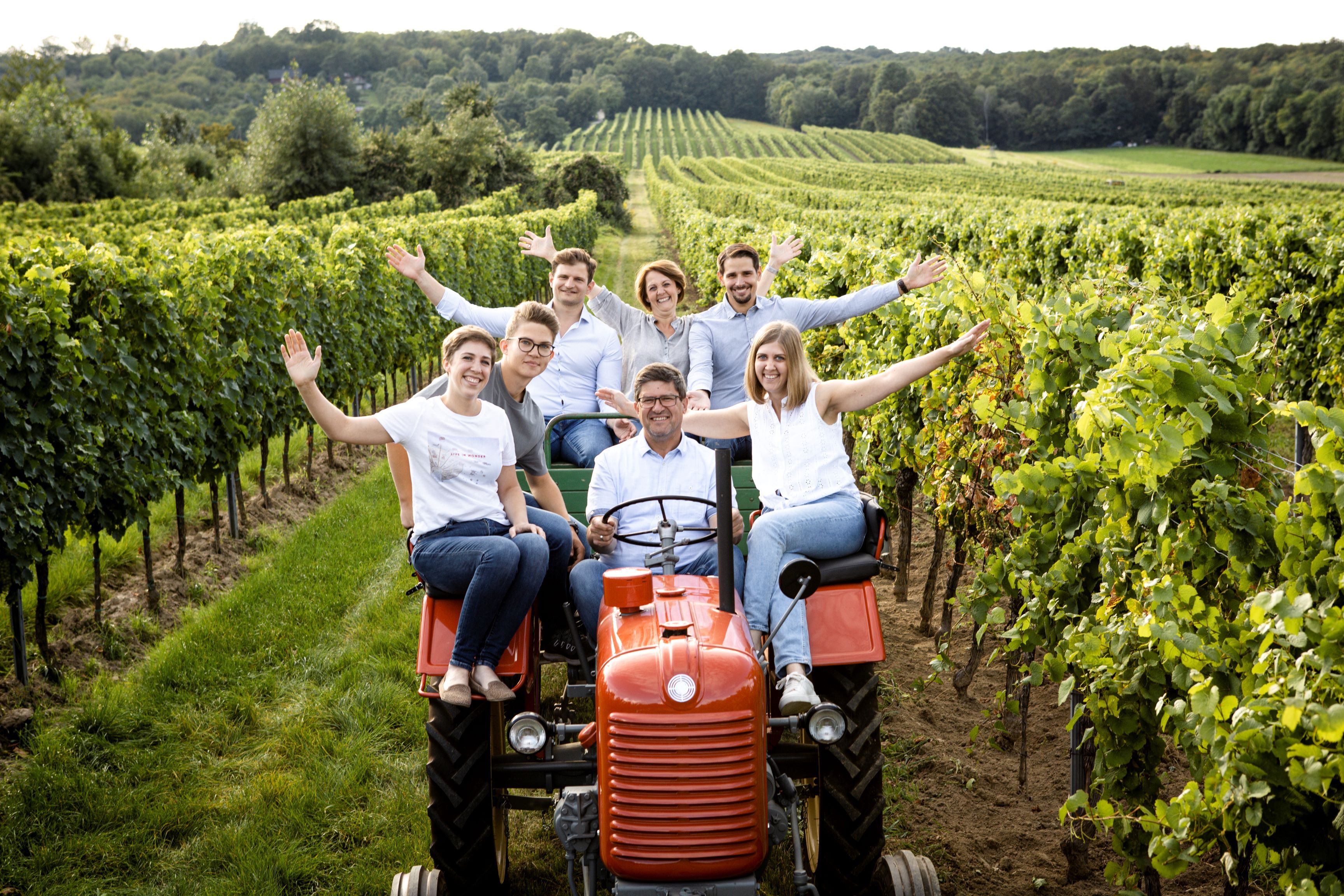 Skupina ľudí na traktore vo vinohrade.