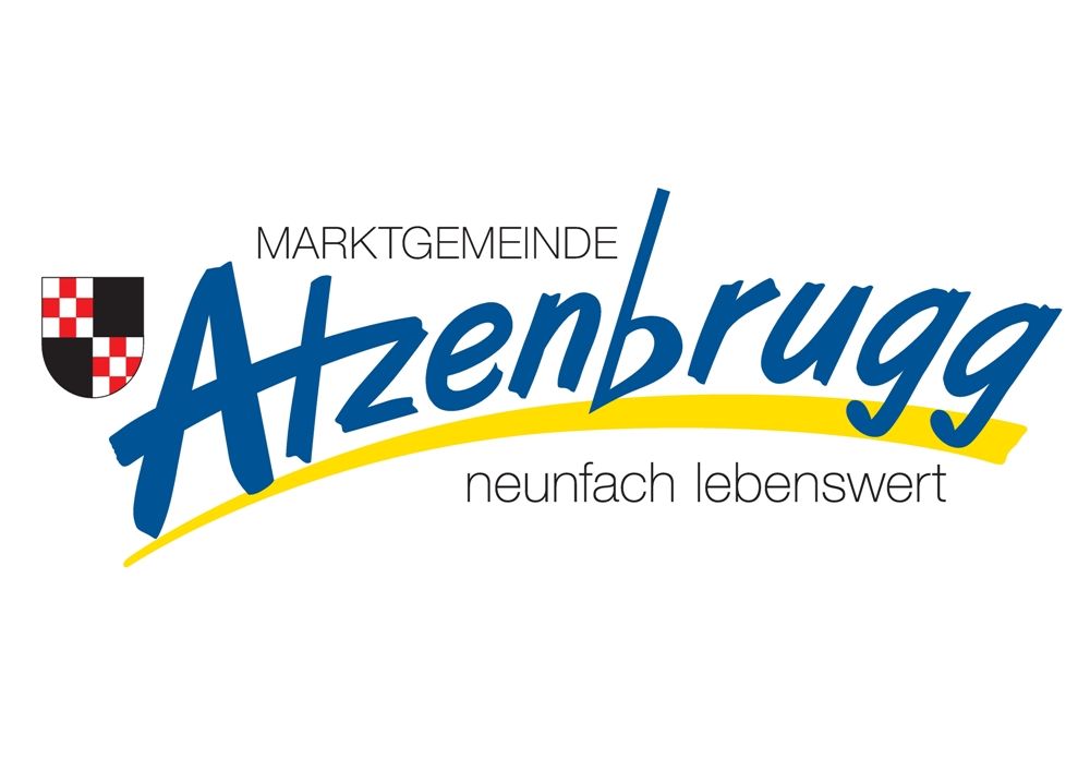 Logo trhového mesta Atzenbrugg s erbom a sloganom "neunfach lebenswert".