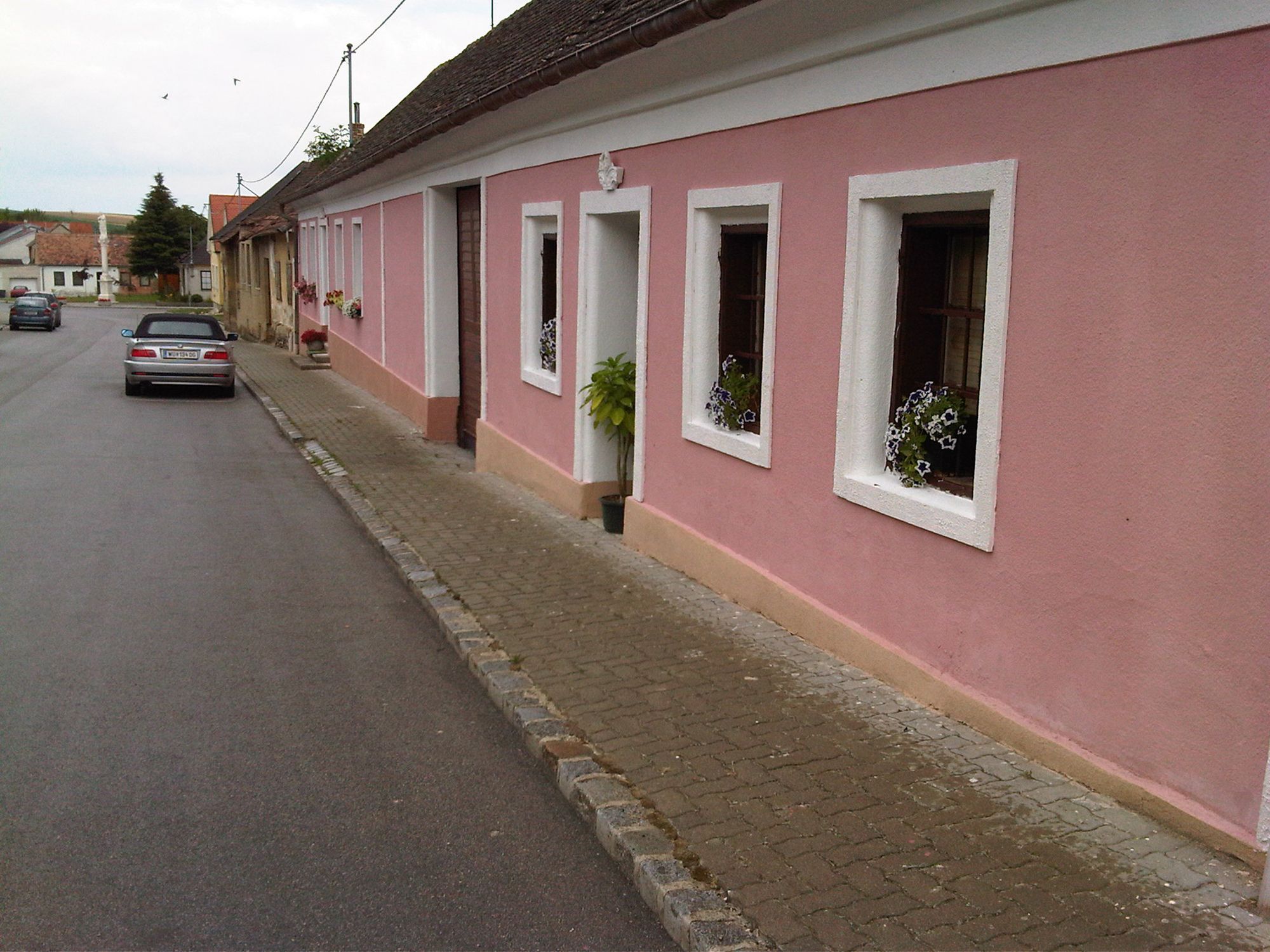 Pohľad na ulicu s ružovým domom a zaparkovaným autom.