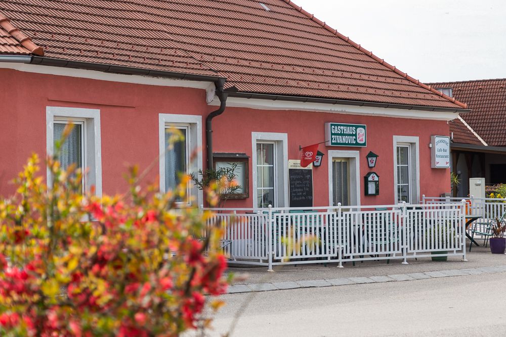 Ružová budova s nápisom "Gasthaus Zivanovic", obklopená bielym plotom a kvetmi v popredí.
