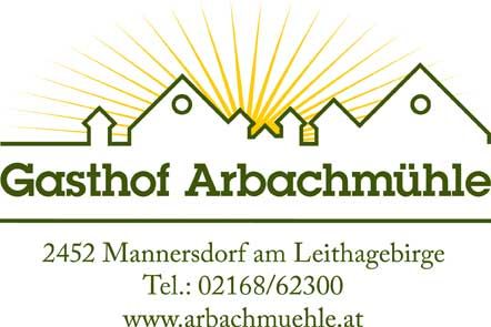 Logo hotela Gasthof Arbachmühle so štylizovanými domami a slnečnými lúčmi.