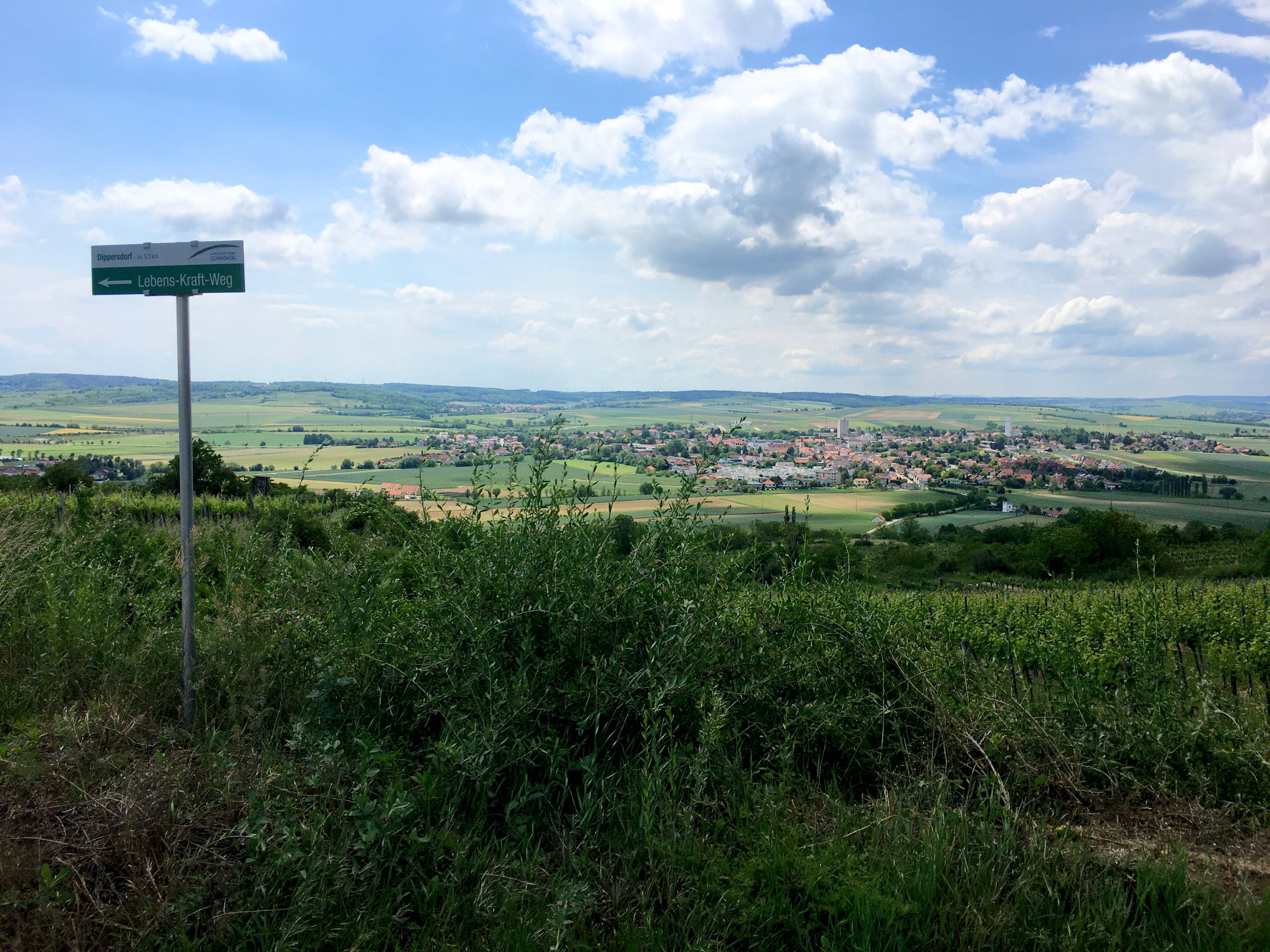 Krajina s výhľadom na Ziersdorf a nápisom "Lebens-Kraft-Weg".