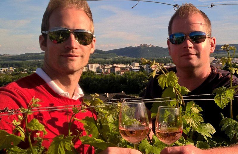 Dvaja muži v slnečných okuliaroch si vo vinici cinknú pohármi.