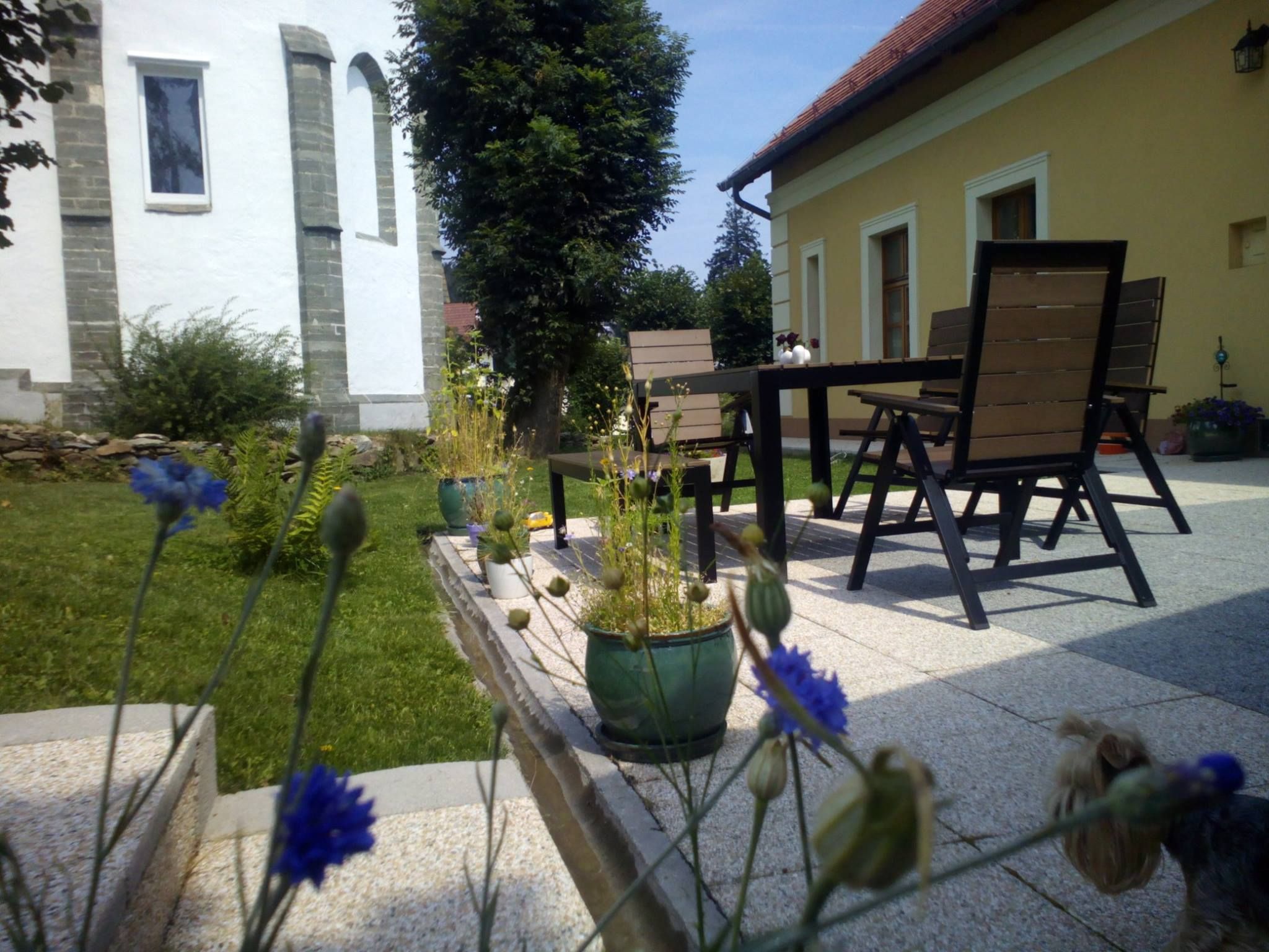 Terasa so stolom, stoličkami a rastlinami v záhrade pri žltom dome.