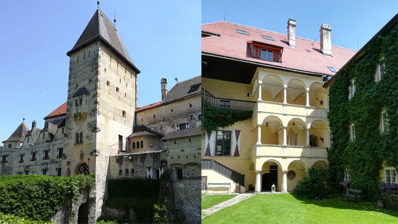 Dva pohľady na hrad Feistritz, veža vľavo a vnútorné nádvorie s arkádami vpravo.