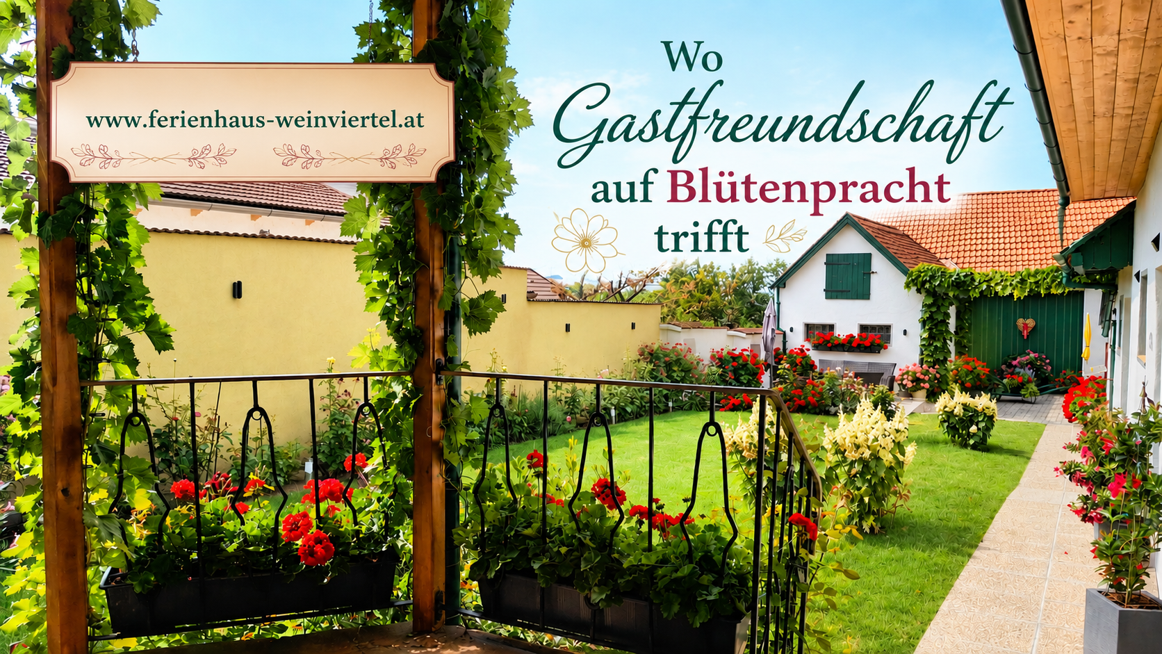 Útulná záhrada s kvitnúcimi kvetmi a rekreačným domom v pozadí. Je vidieť tabuľu s nápisom „www.ferienhaus-Weinviertel.at“.