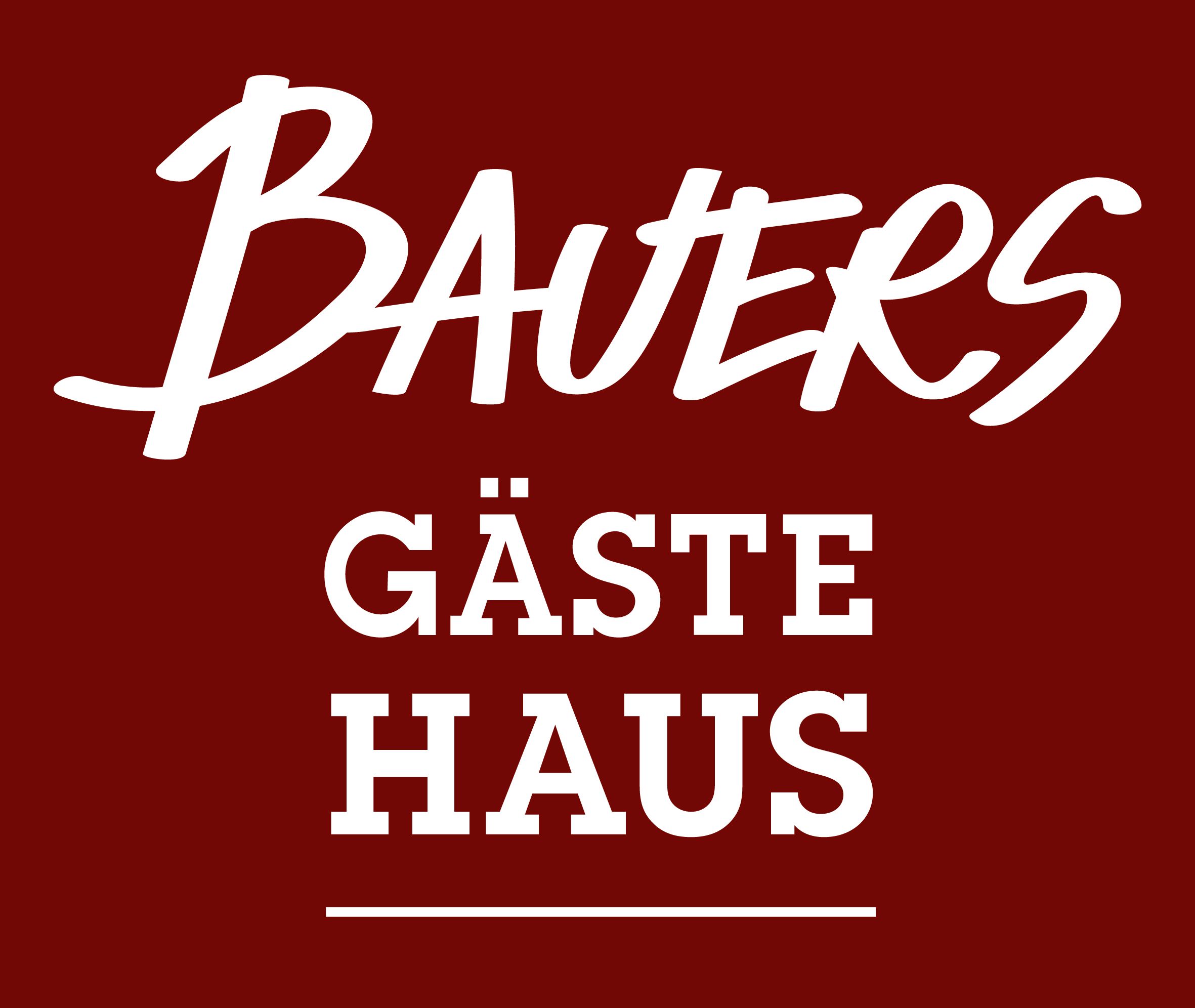 Logo s textom "Bauers Gästehaus" v bielej farbe na tmavočervenom pozadí.