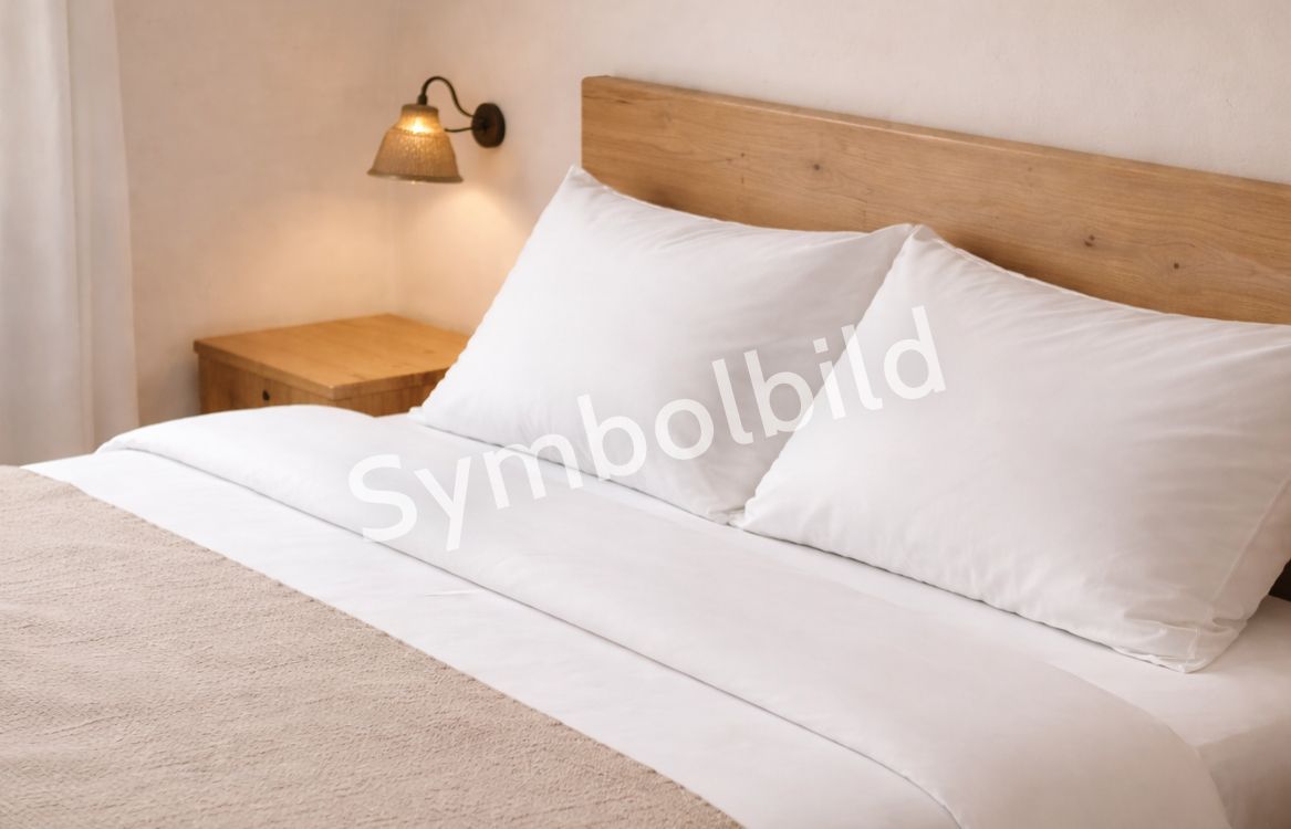 Útulná posteľ s bielymi vankúšmi a posteľnou bielizňou, vedľa nej nočný stolík s lampou. Na obrázku je ako vodoznak nápis „Symbolický obrázok“