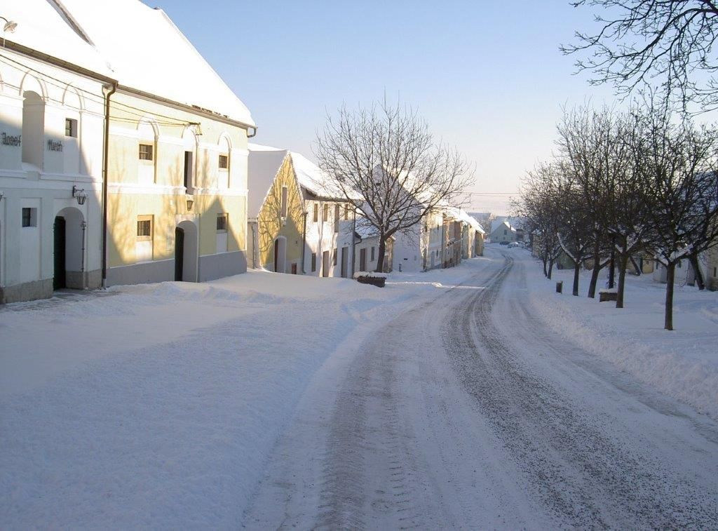 Zasnežená ulica s historickými budovami a stromami v rakúskom Straningu.