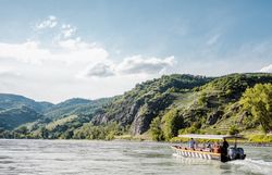 Eine Holzzille fährt am Wasser in der Wachau.