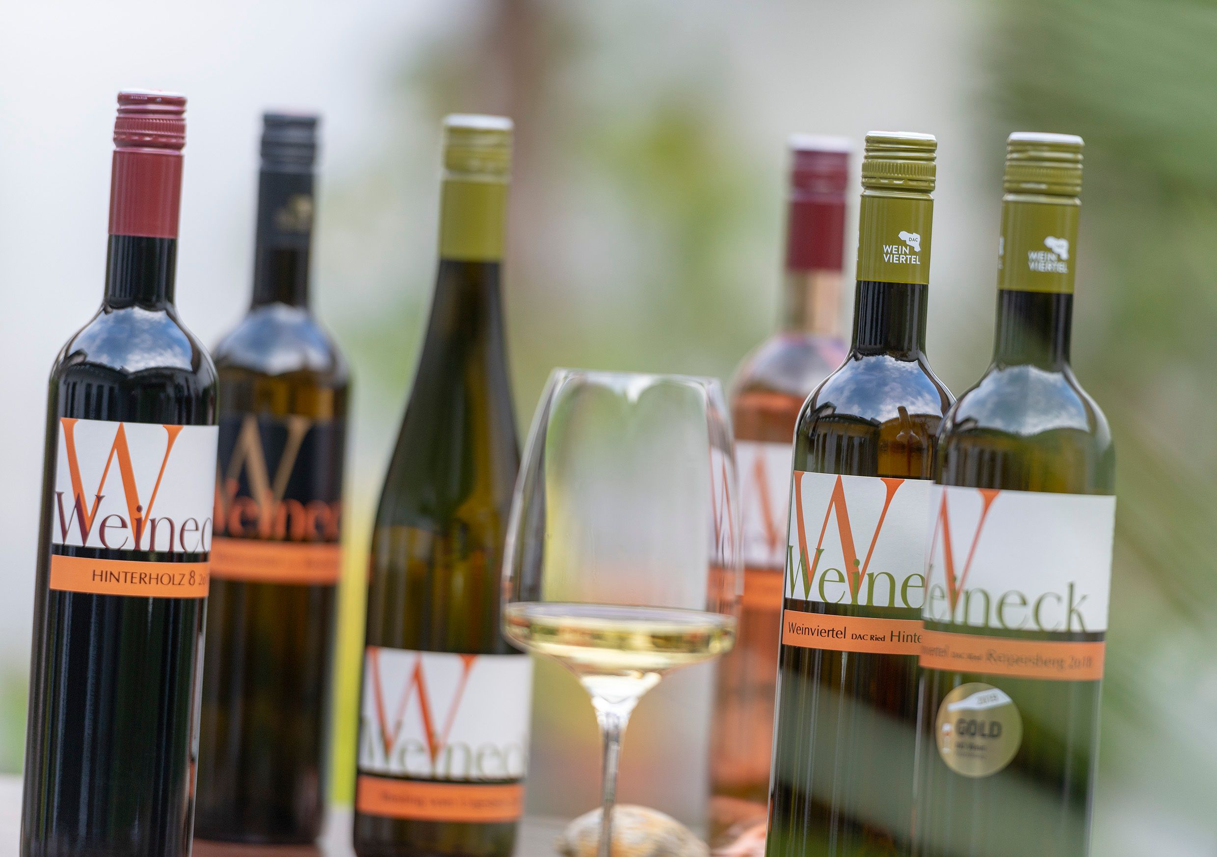 Rôzne fľaše vína a pohár bieleho vína na stole.