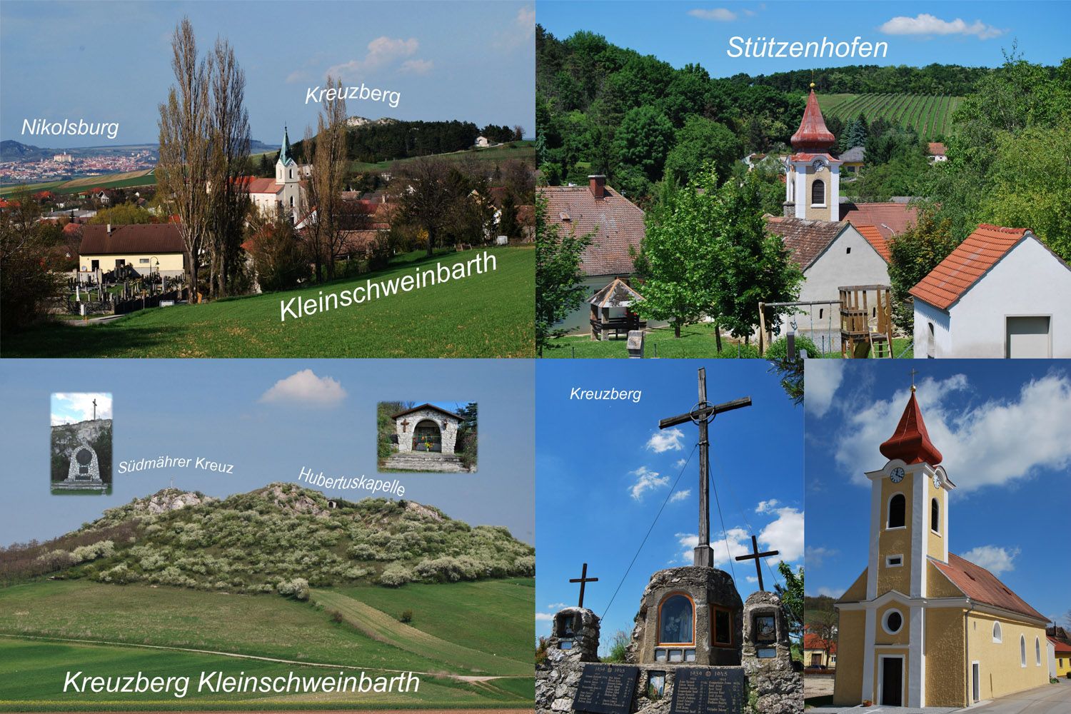 Koláž krajiny a budov v Drasenhofene vrátane kostolov a krížov.