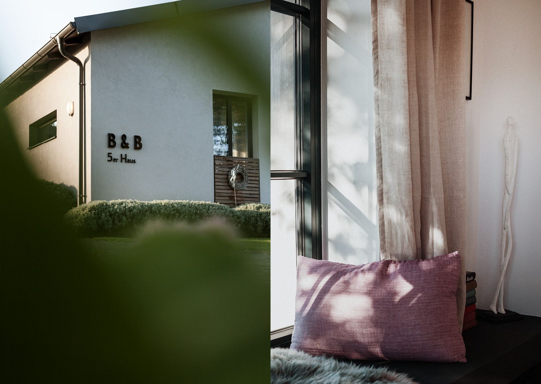 Exteriérový pohľad na penzión s označením "5er Haus" a interiérový pohľad s fialovými vankúšmi a závesmi.