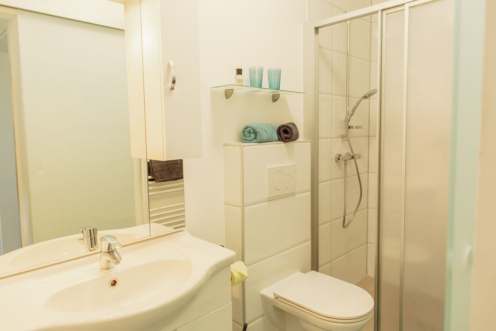 Moderná kúpeľňa so sprchovacím kútom, umývadlom a WC.