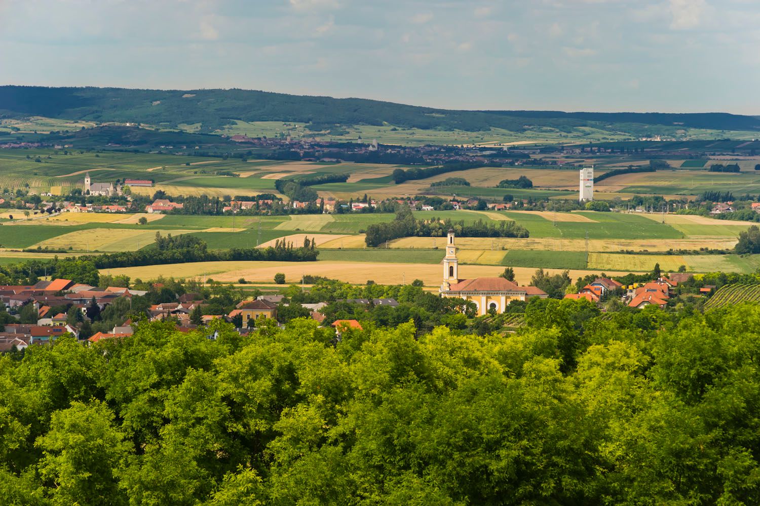 Pohľad na krajinu Zellerndorf s kostolom a poľami.
