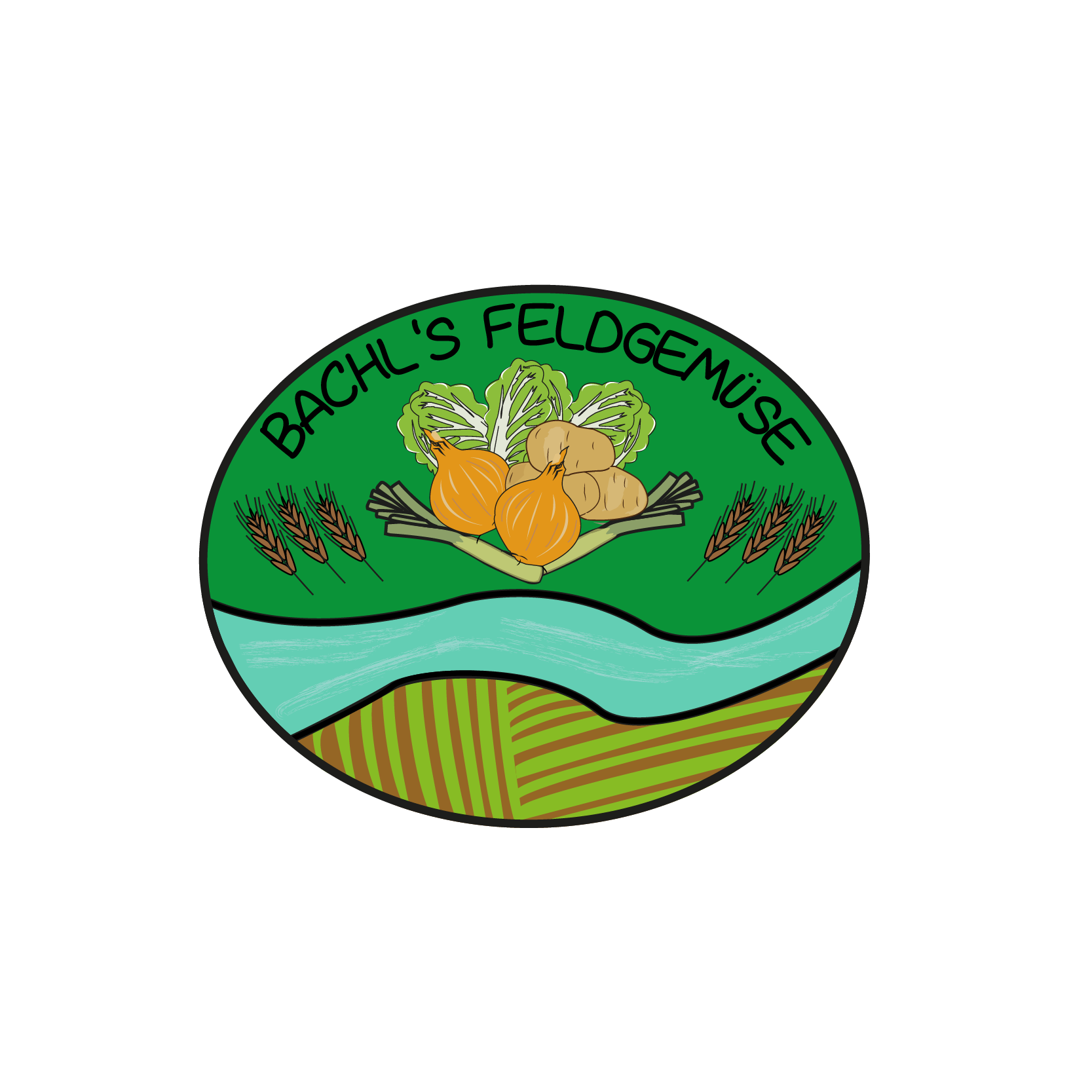 Logo spoločnosti Bachl's Feldgemüse so zeleninou a krajinou.