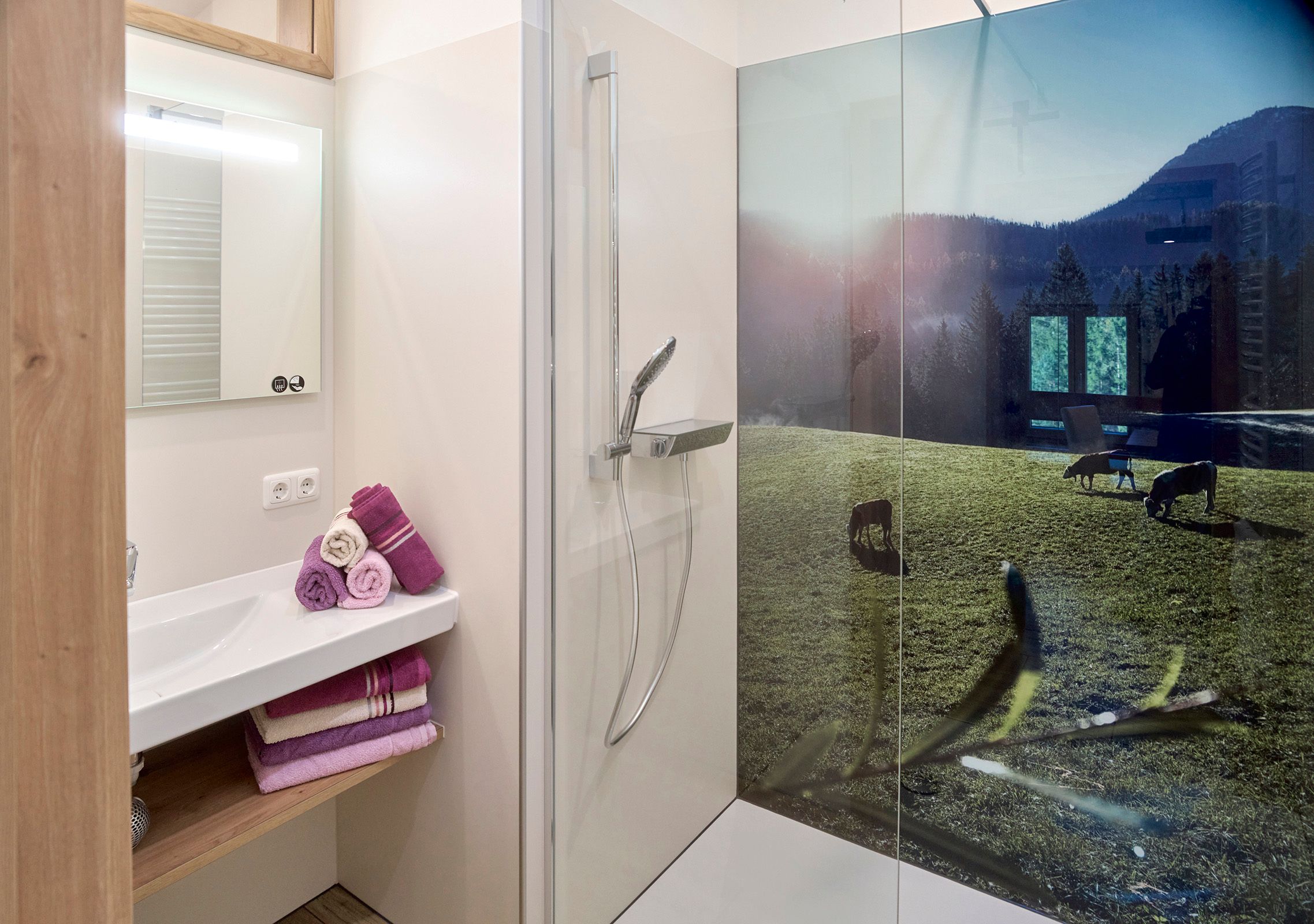 Moderná kúpeľňa so sprchovacím kútom a obrazom krajiny na stene sprchovacieho kúta.