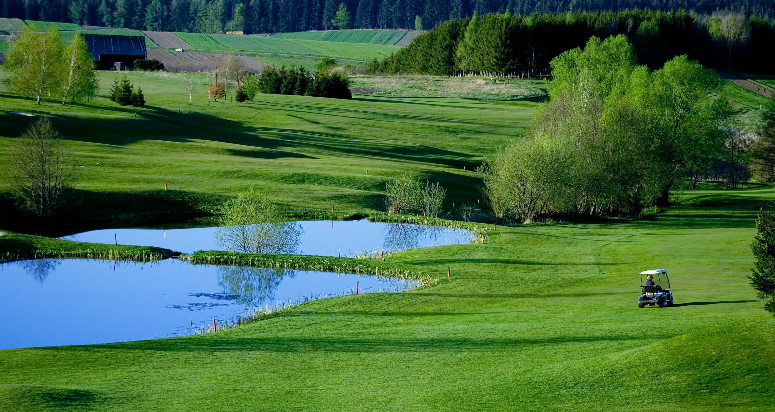 Golfové ihrisko s rybníkom a golfovým vozíkom, obklopené zelenými stromami a lúkami.