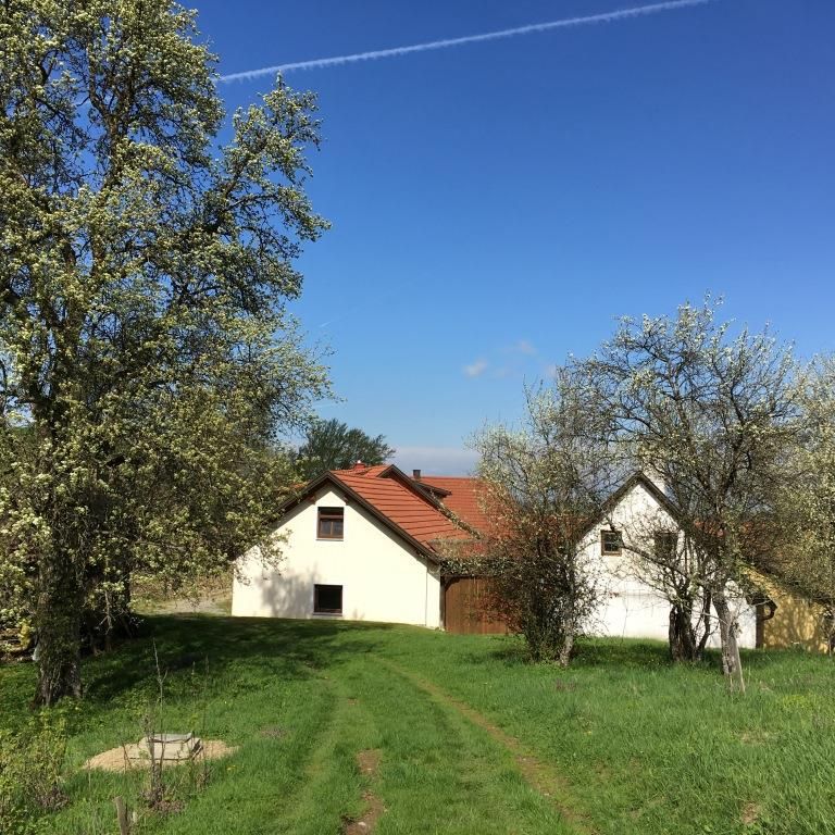 Biely dom s červenou strechou stojí na zelenej lúke obklopený rozkvitnutými stromami pod jasnou modrou oblohou.