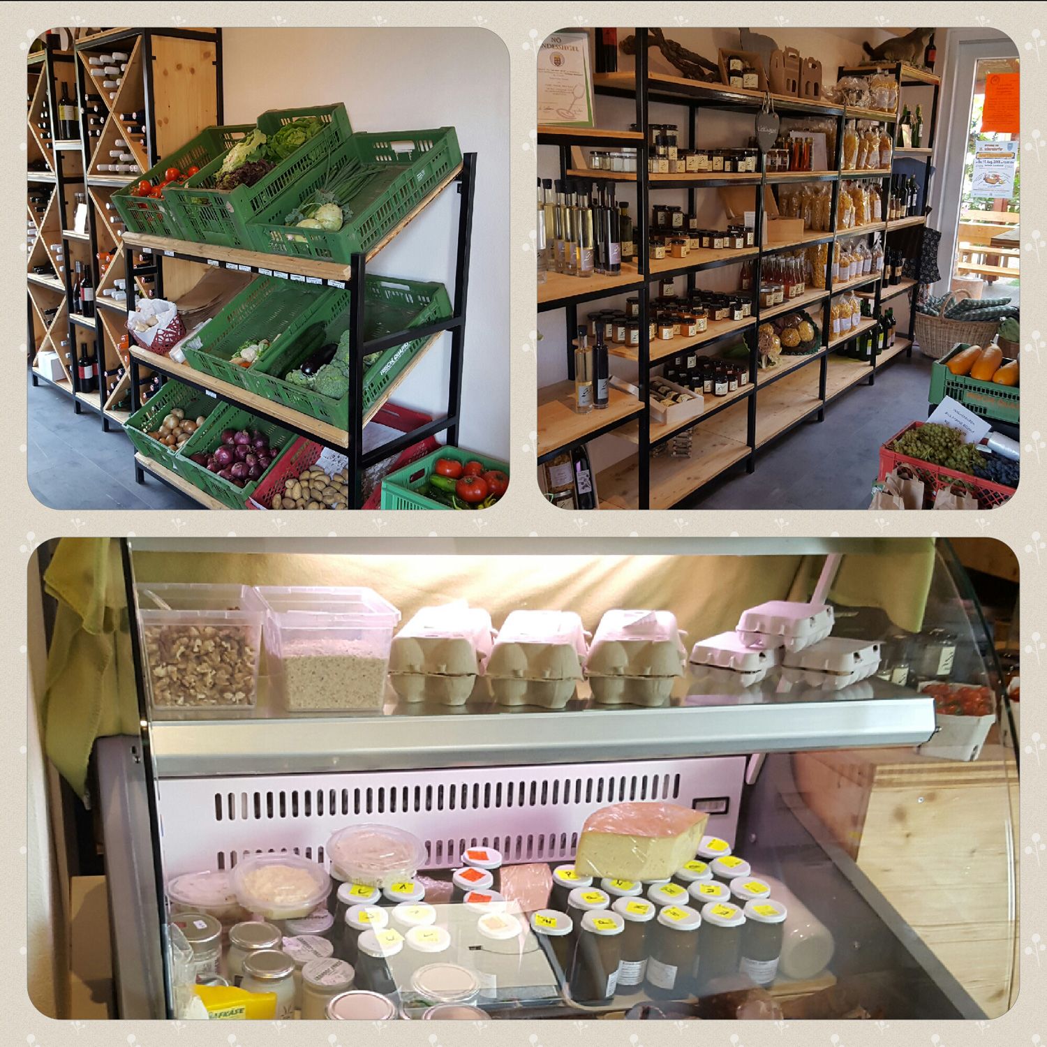 Pohľad do interiéru farmárskeho obchodu s regálmi plnými zeleniny, džemov, vajec a mliečnych výrobkov.