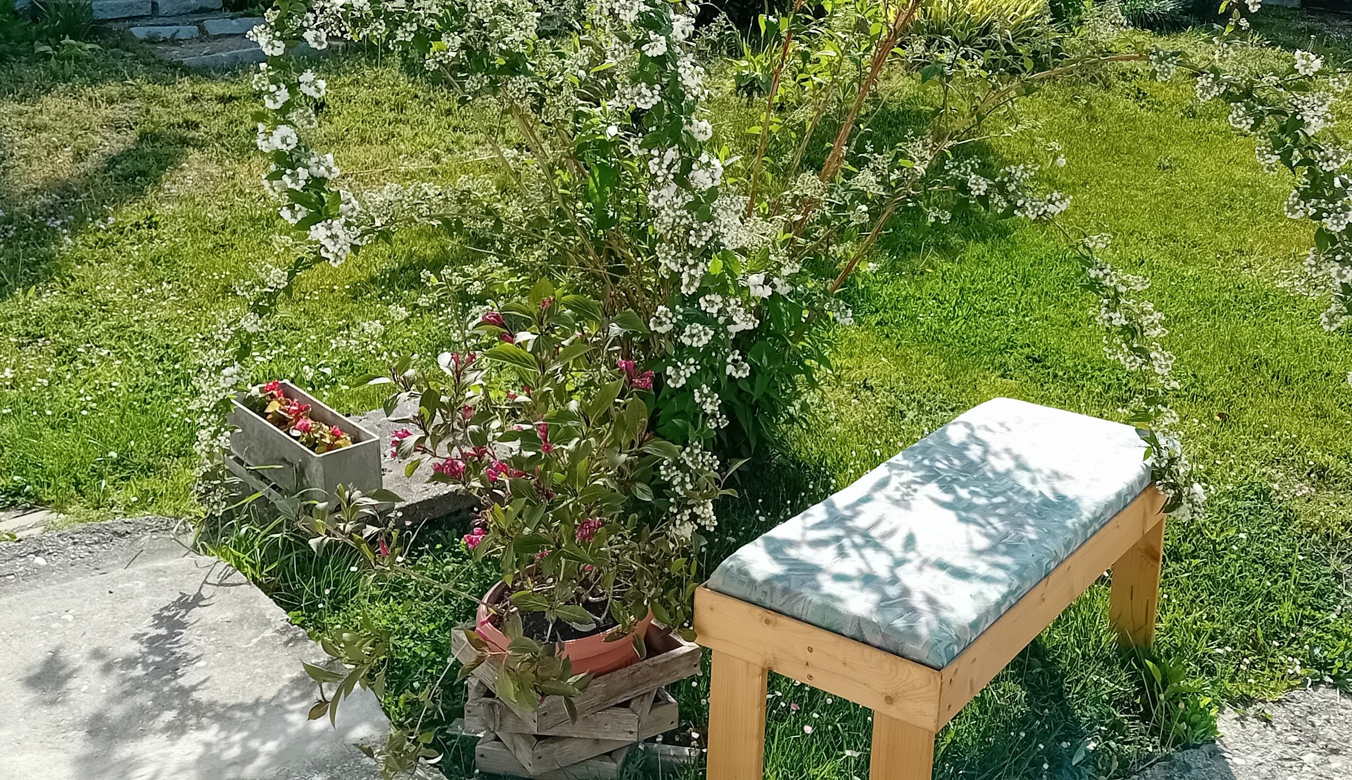 Zelená záhrada s drevenou lavičkou, obklopená kvitnúcimi rastlinami a kvetmi.