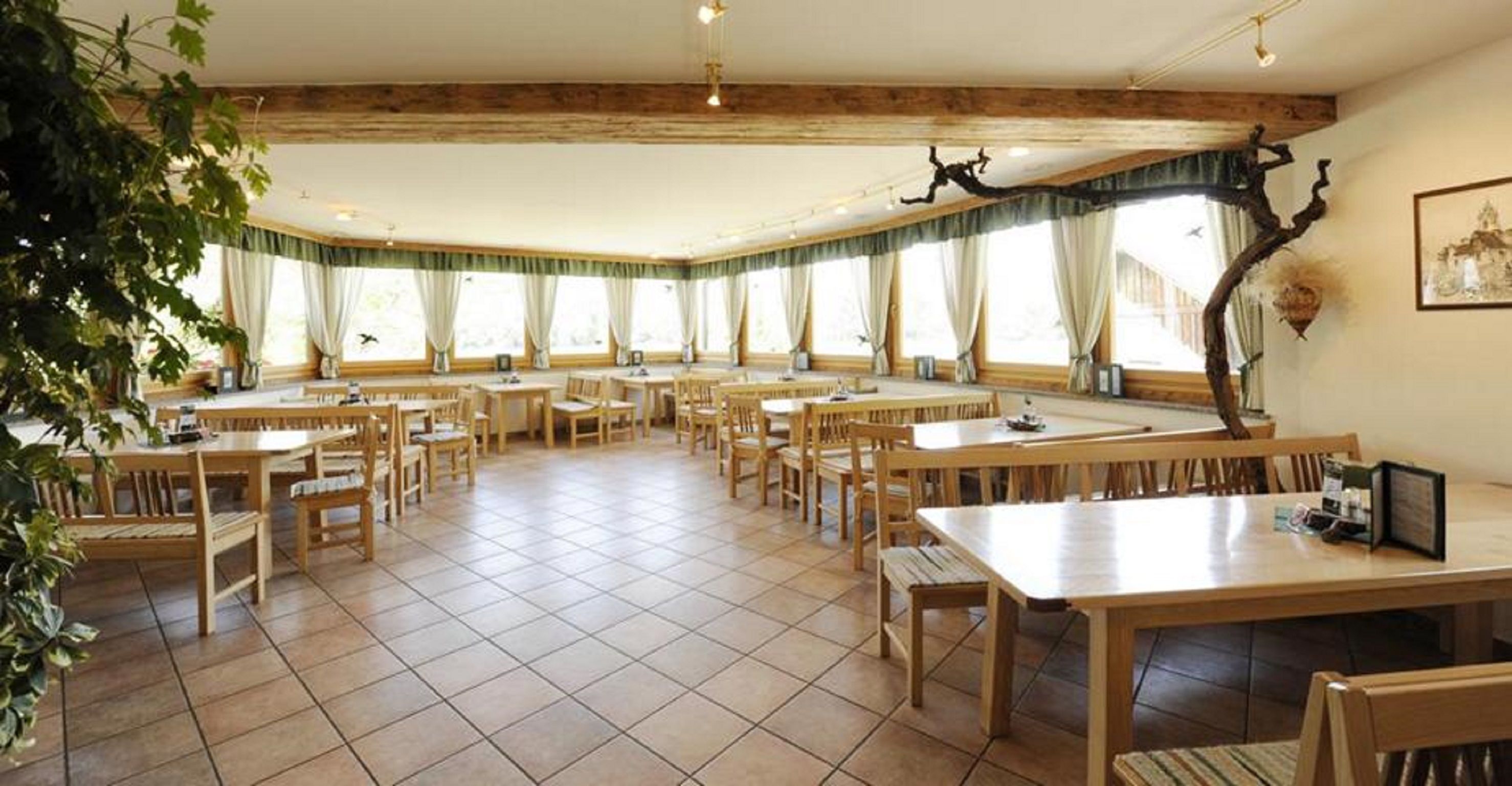 Pohľad do interiéru vinárne s dreveným nábytkom a veľkými oknami.