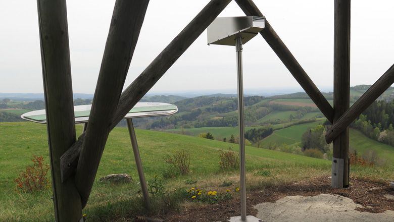 Vyhliadka vo Viedenských Alpách s ďalekohľadom a panoramatickou tabuľou.