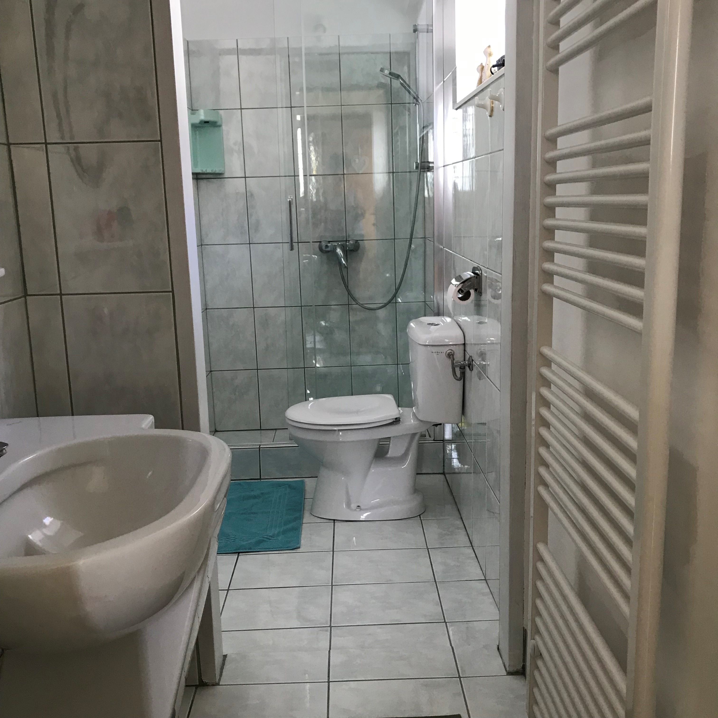 Moderná kúpeľňa so sprchovacím kútom, WC a umývadlom.