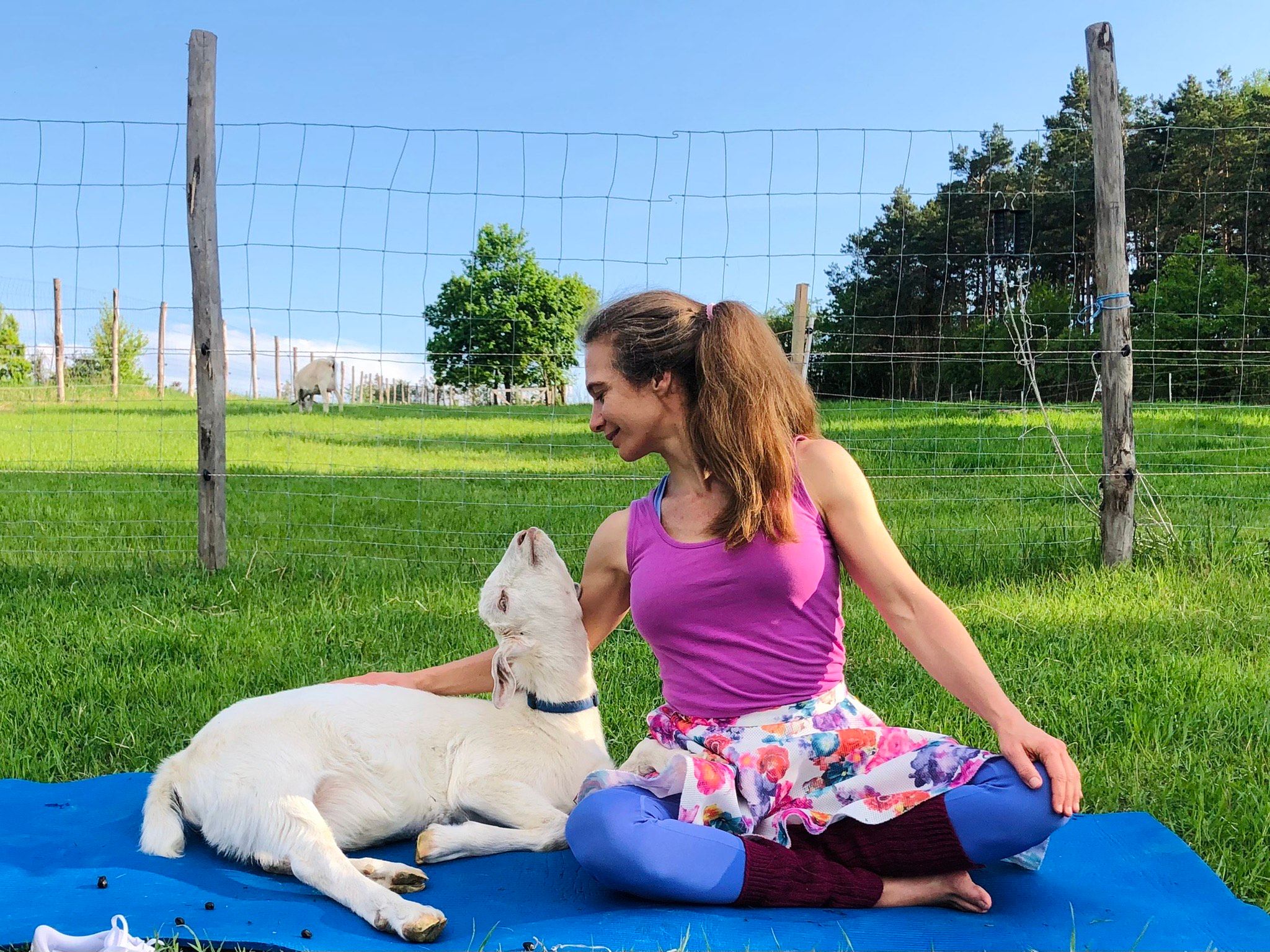 Žena vo farebných šatách sedí na lúke vedľa kozy.