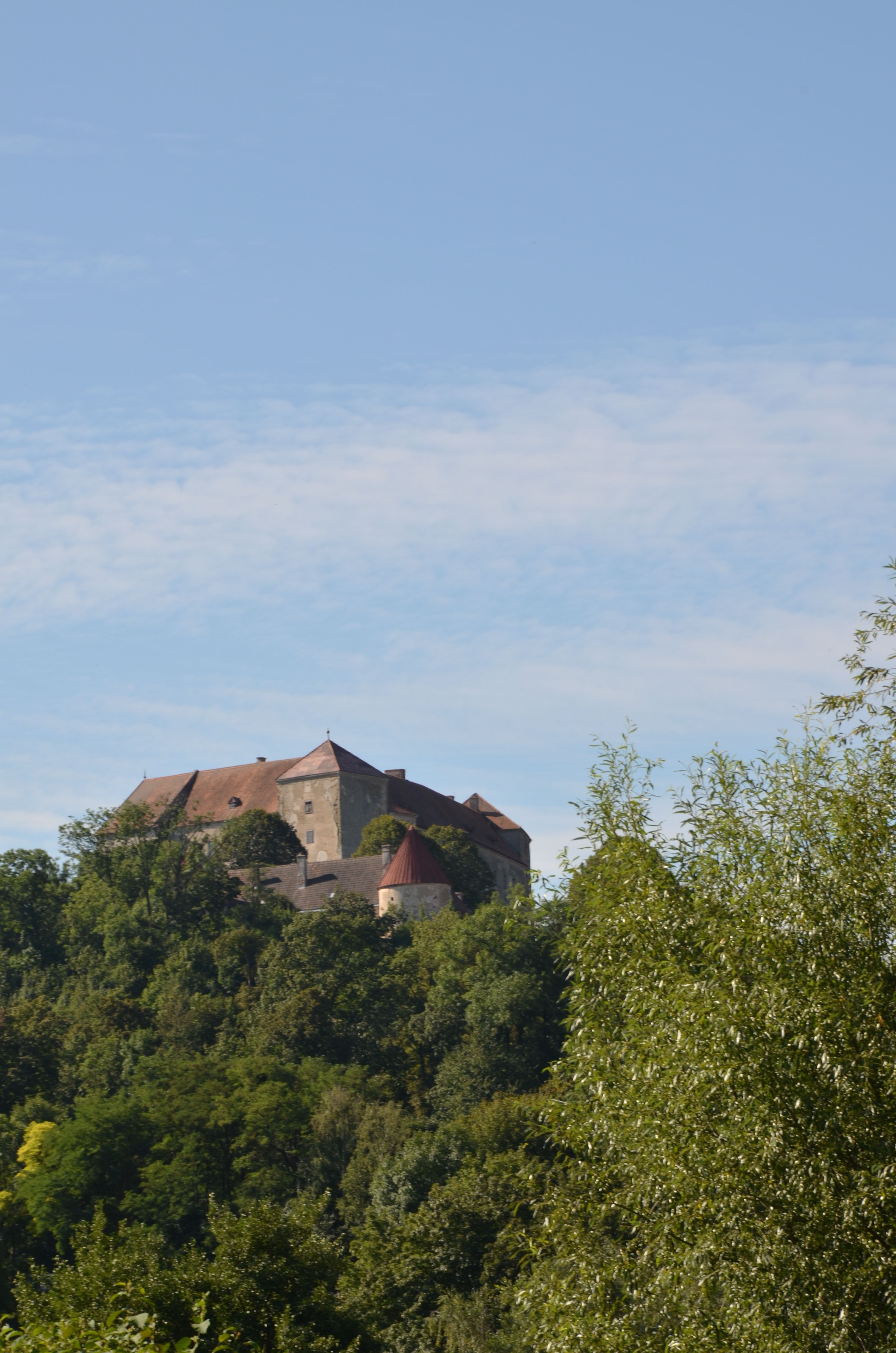 Hrad Neulengbach na zalesnenom kopci pod modrou oblohou.