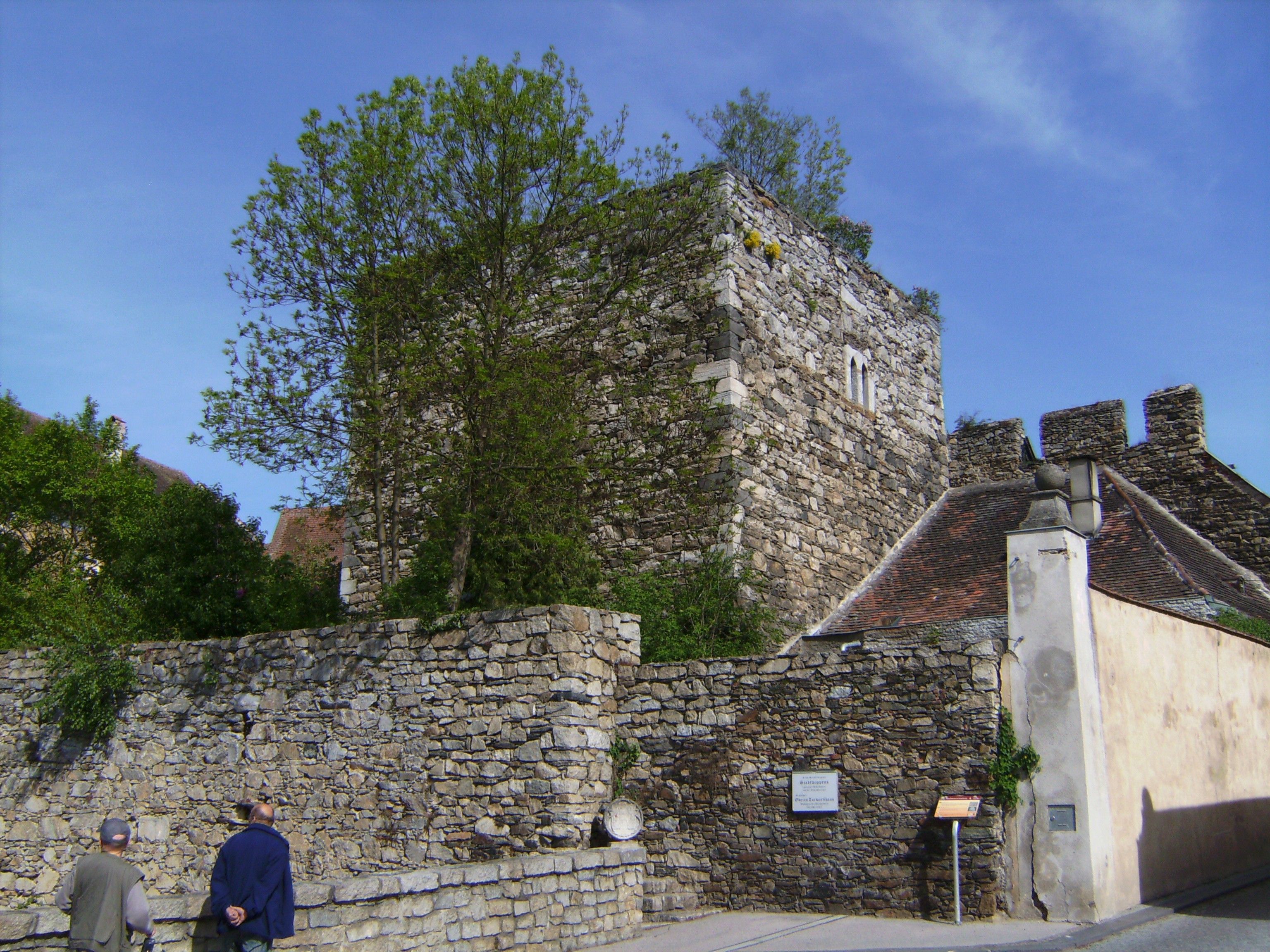 Historický kamenný múr a veža v Drosendorf-Zissersdorfe, obklopené stromami a modrou oblohou.