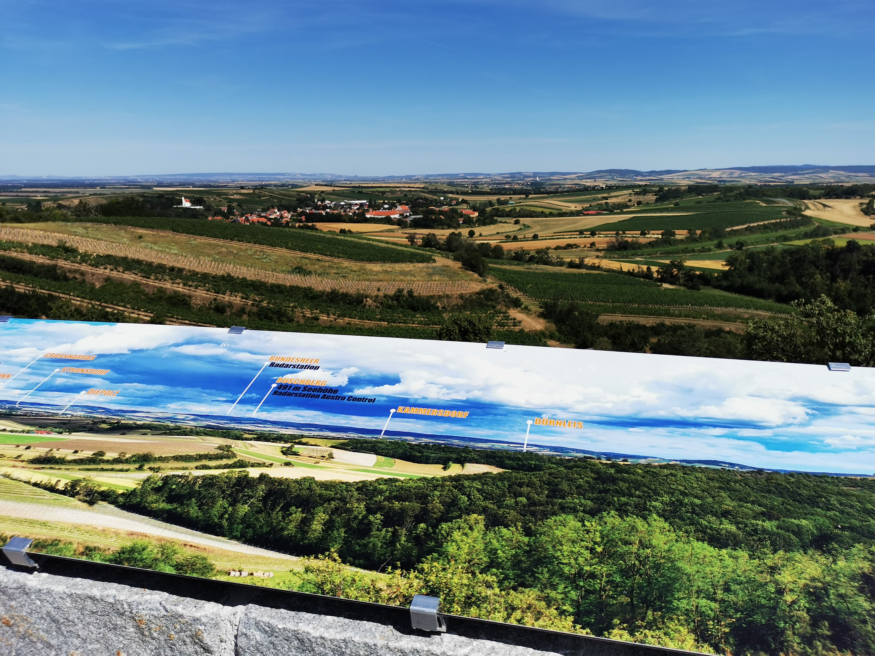 Panoramatický pohľad z vyhliadky Vösenau s krajinou a informačnou tabuľou.
