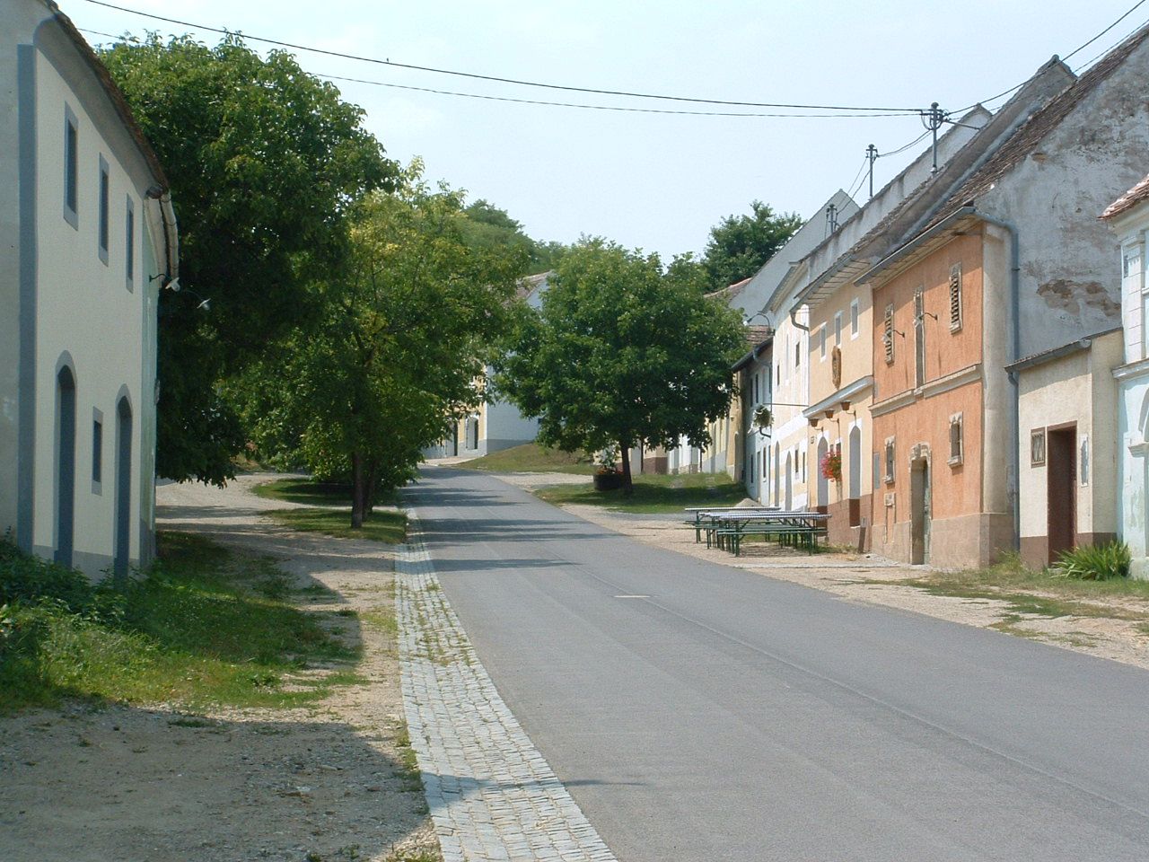 Ulica s tradičnými budovami a stromami vo vidieckom prostredí.