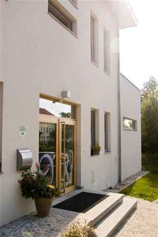 Vchod do modernej budovy so sklenenými a drevenými dverami, kvety v kvetináči a schody.