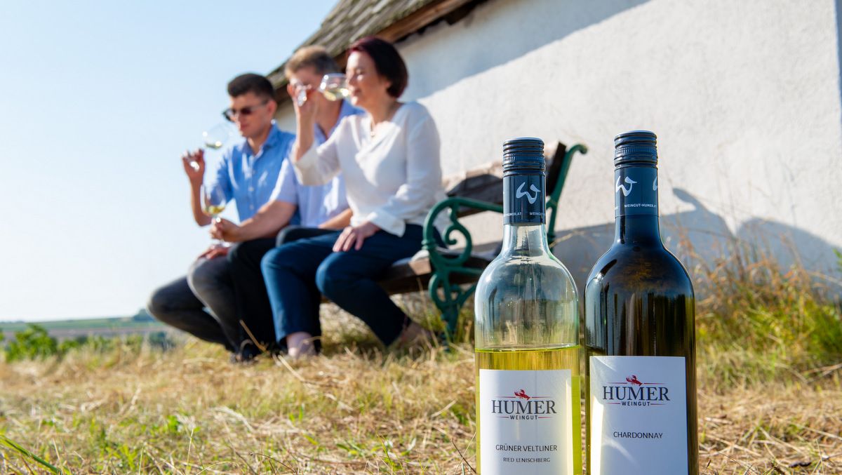 V popredí dve fľaše vína z Weingut Humer, v pozadí traja ľudia na lavičke popíjajú víno.