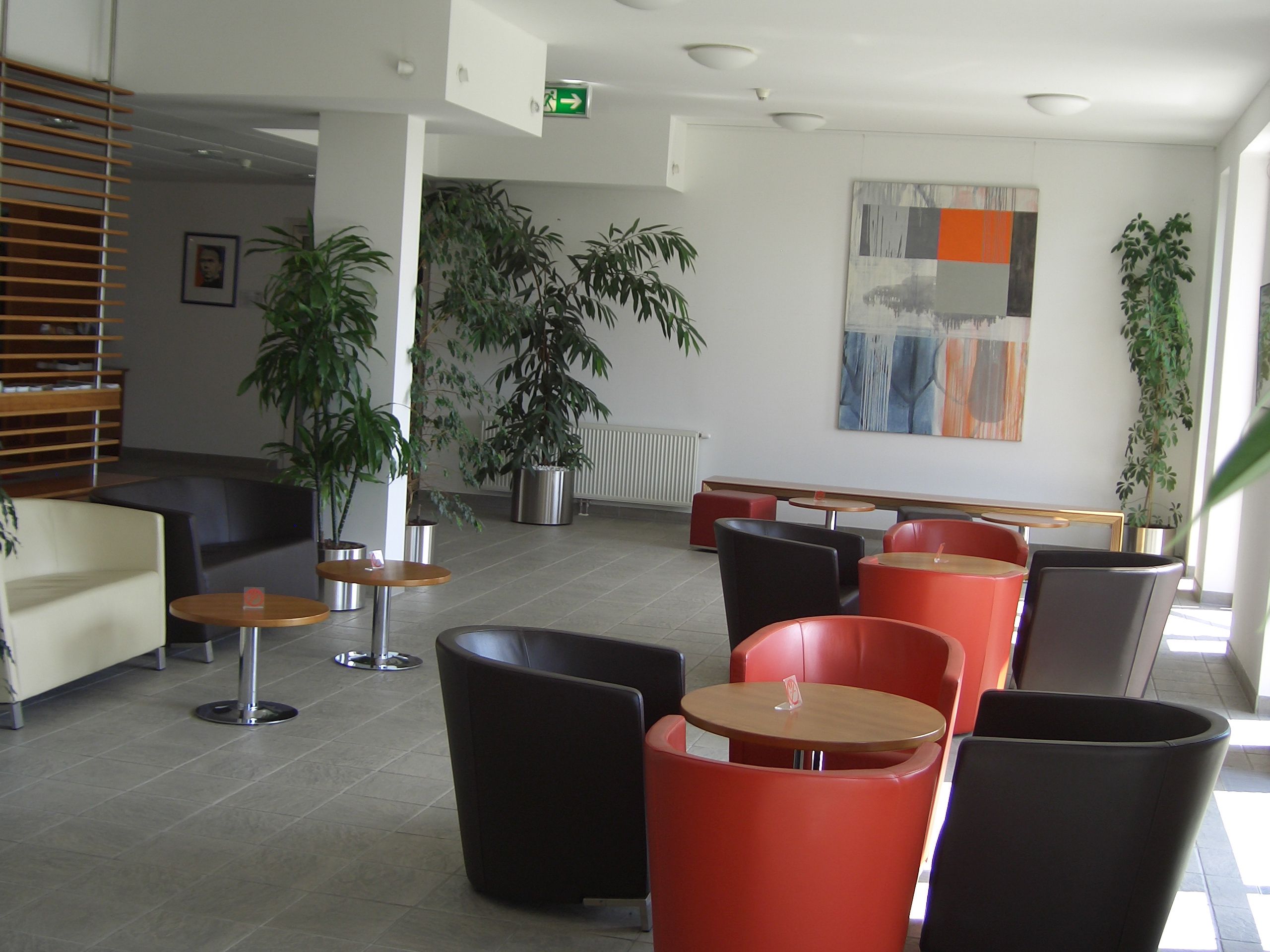 Moderný salónik s farebnými kreslami a rastlinami.