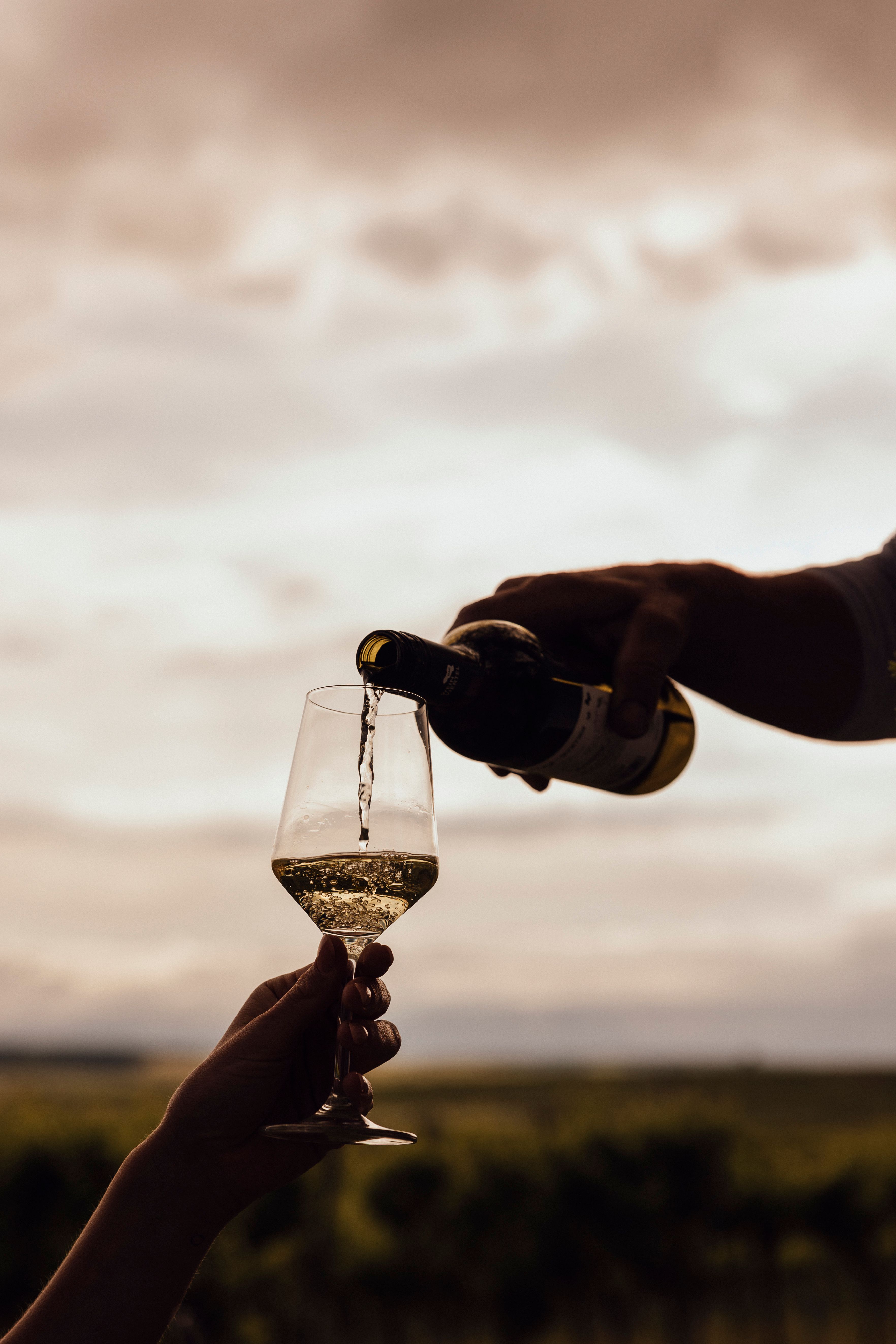 Víno sa nalieva do pohára v exteriéri s krajinou v pozadí.