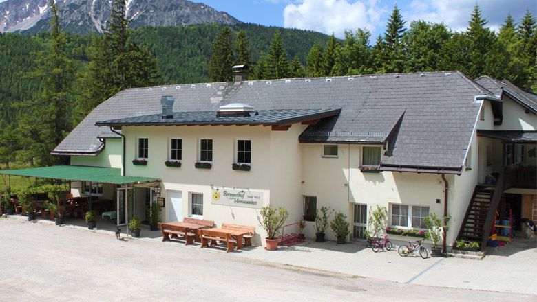 Horský hostinec Mamauwiese pred zalesnenými horami.