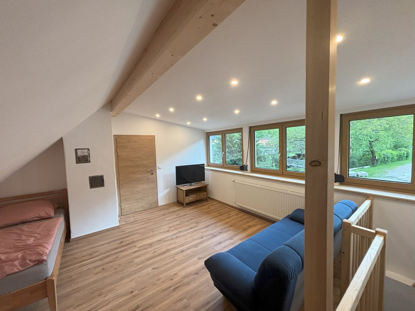 Otvorená izba s drevenou podlahou, posteľou, pohovkou a TV, veľké okná s výhľadom na krajinu.