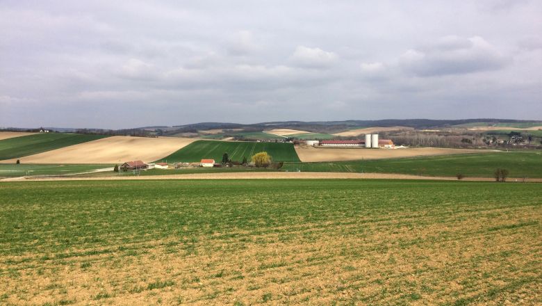 Krajina s poliami a farmou v diaľke.