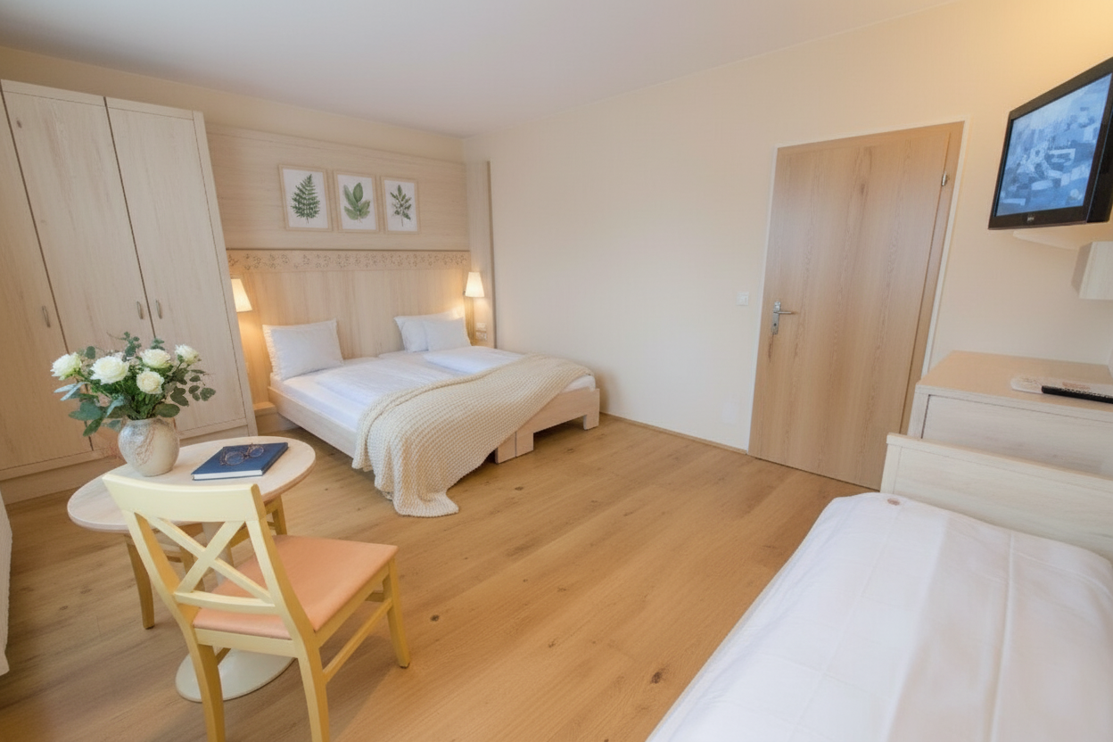 Svetlá hotelová izba s dvoma posteľami, stolom a stoličkou a televízorom na stene.