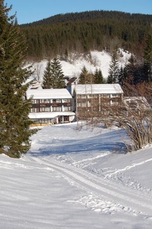 Zasnežený hotel v horskej krajine s jedľami.