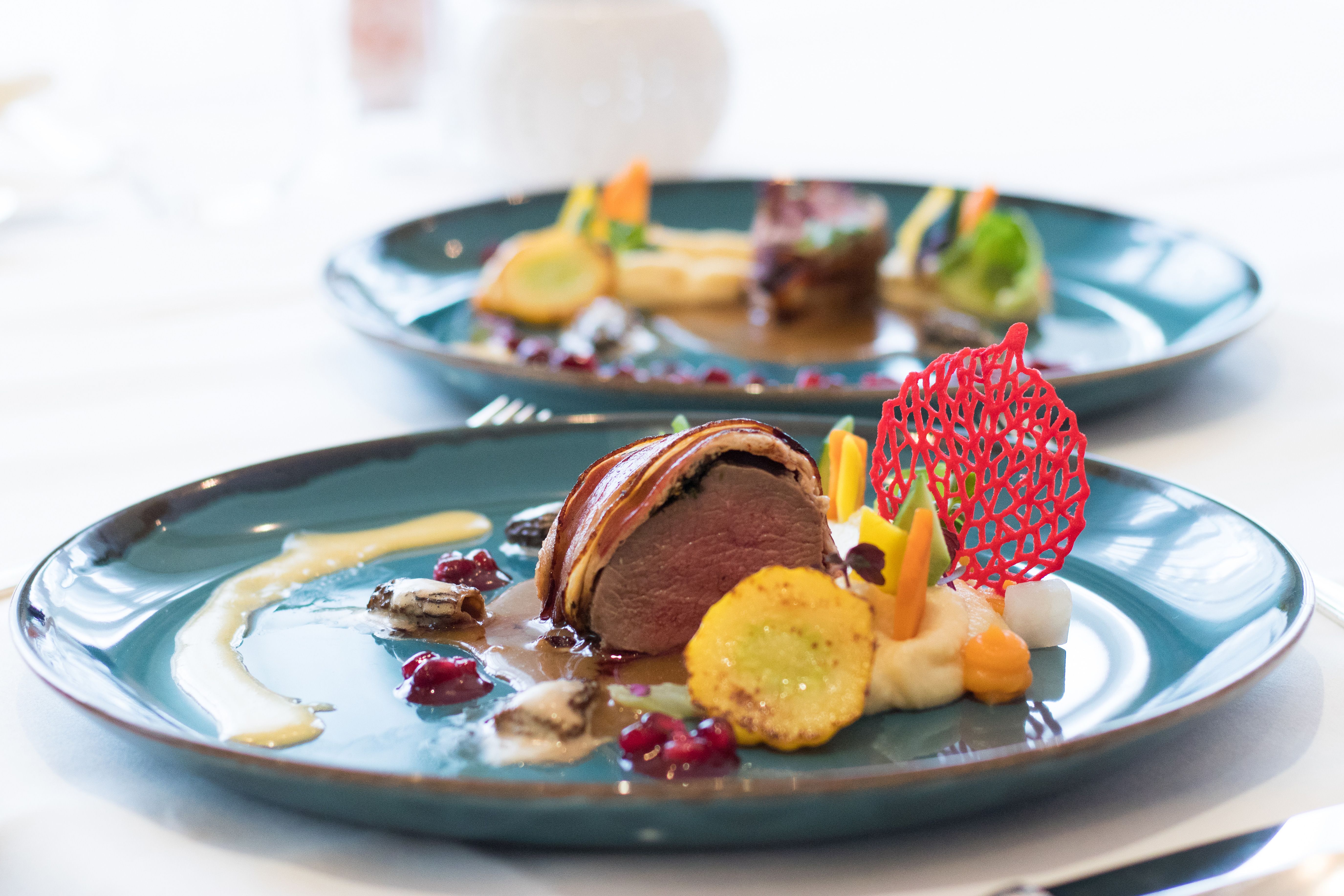 Umne pripravený pokrm zo sedla z diviny na modrom tanieri, ozdobený zeleninou a červenou sieťovou ozdobou.