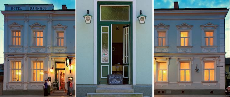 Trojdielny obrázok historickej budovy s nápisom "Hotel Bahnhof".