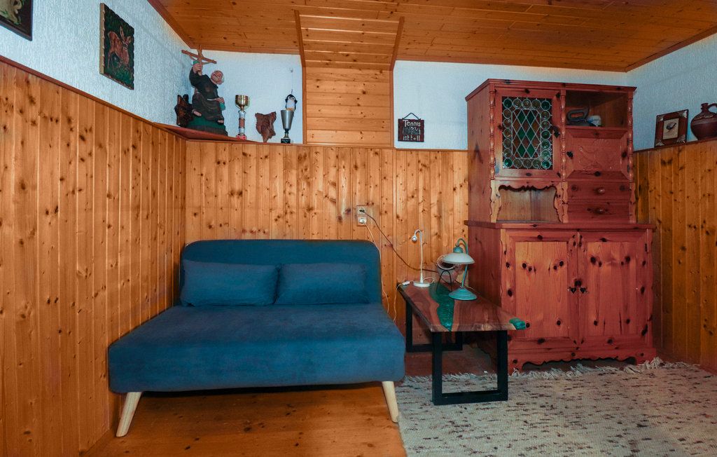 Útulná izba s drevenými stenami, modrou pohovkou, dreveným stolom a rustikálnou skriňou.
