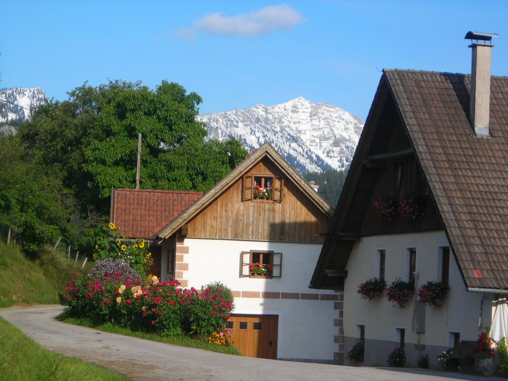 Rekreačný dom s kvetmi a horami v pozadí.