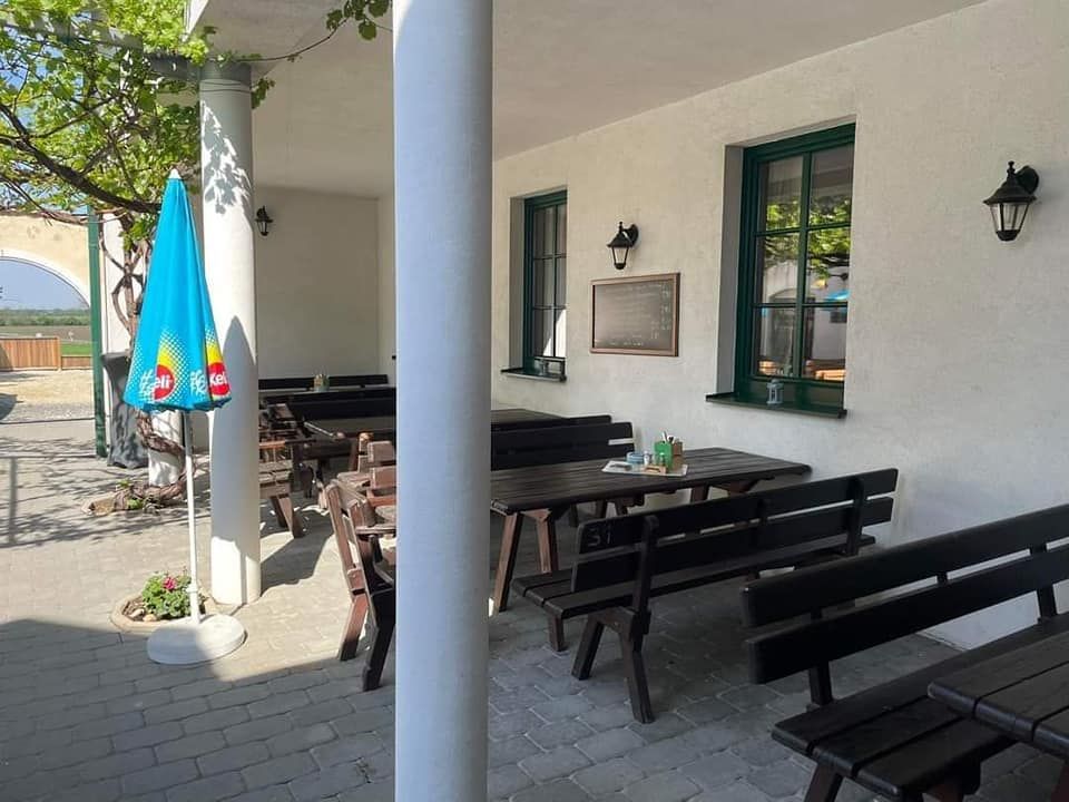 Prázdna záhrada pre hostí s drevenými lavicami a stolmi, slnečníkom a bielou stenou s oknami.