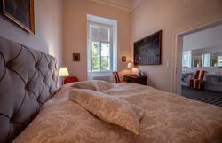 Letecký pohľad na hrad Horn s červenou strechou a hodinovou vežou, obklopený stromami a mestom v pozadí.