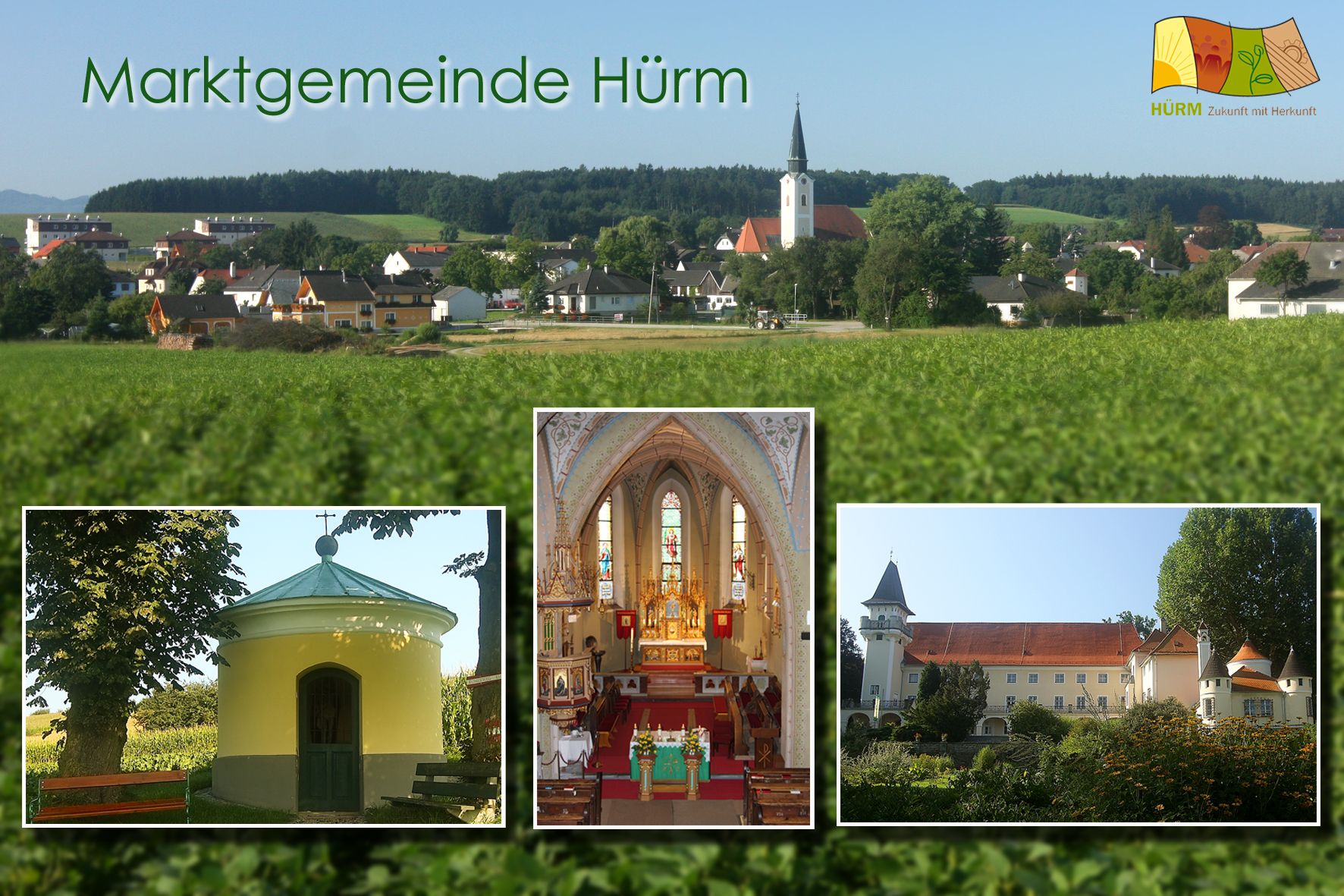 Panoráma trhového mesta Hürm s kostolom a krajinou vrátane troch detailných záberov kaplnky, interiéru kostola a hradu.