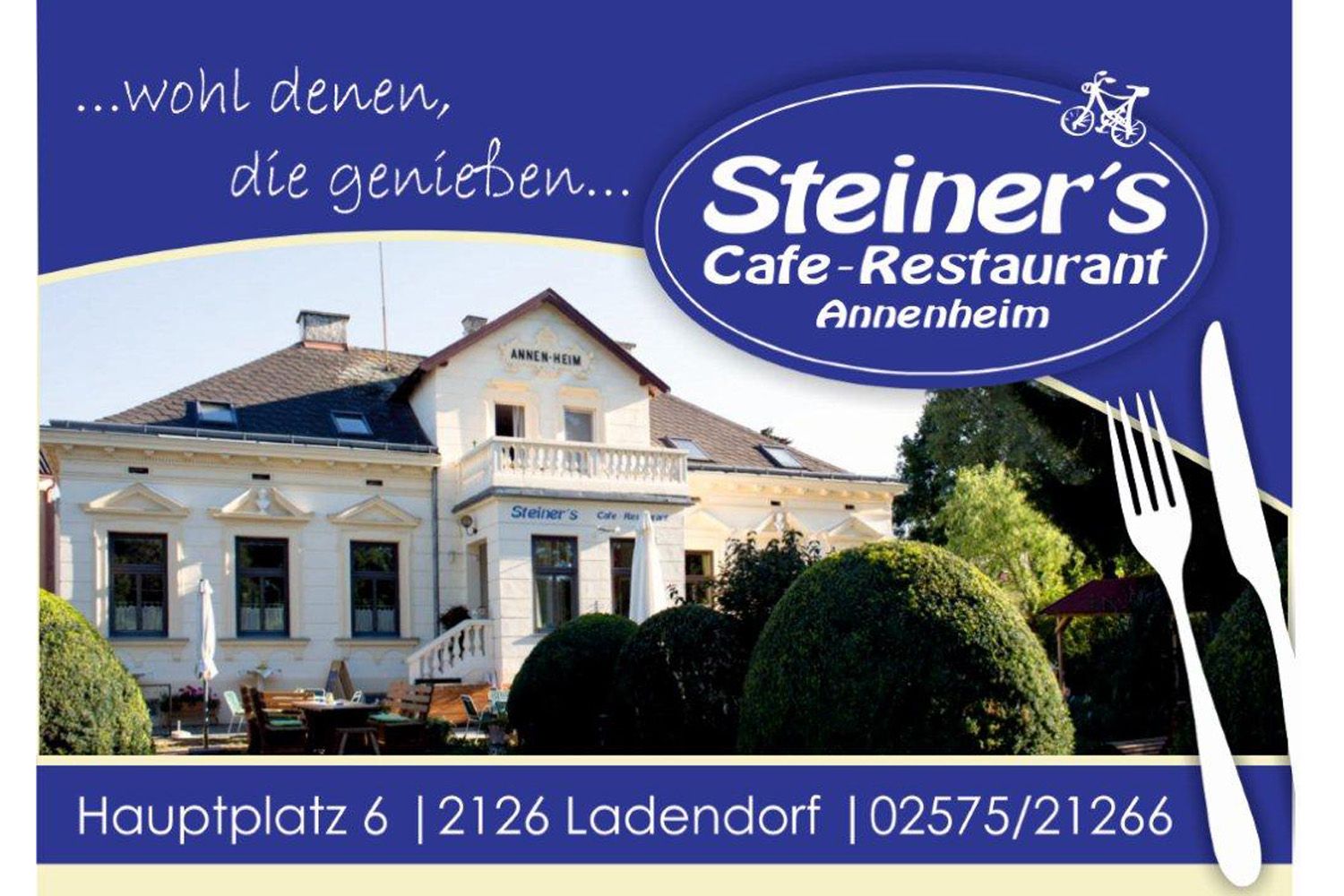 Reklama na Steiner's Cafe-Restaurant Annenheim s fotografiou budovy a adresou.